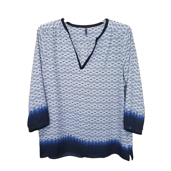 NYDJ Blue Geo Print Split Neck 3/4 Sleeve Tunic Size XL - Picture 1 of 7